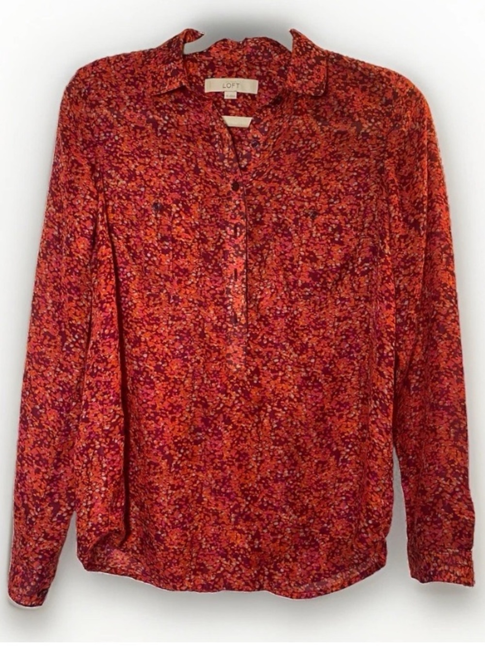 Loft Women's XS Extra Small Blouse Red Orange Long Sleeve Button Up Shirt Fall
